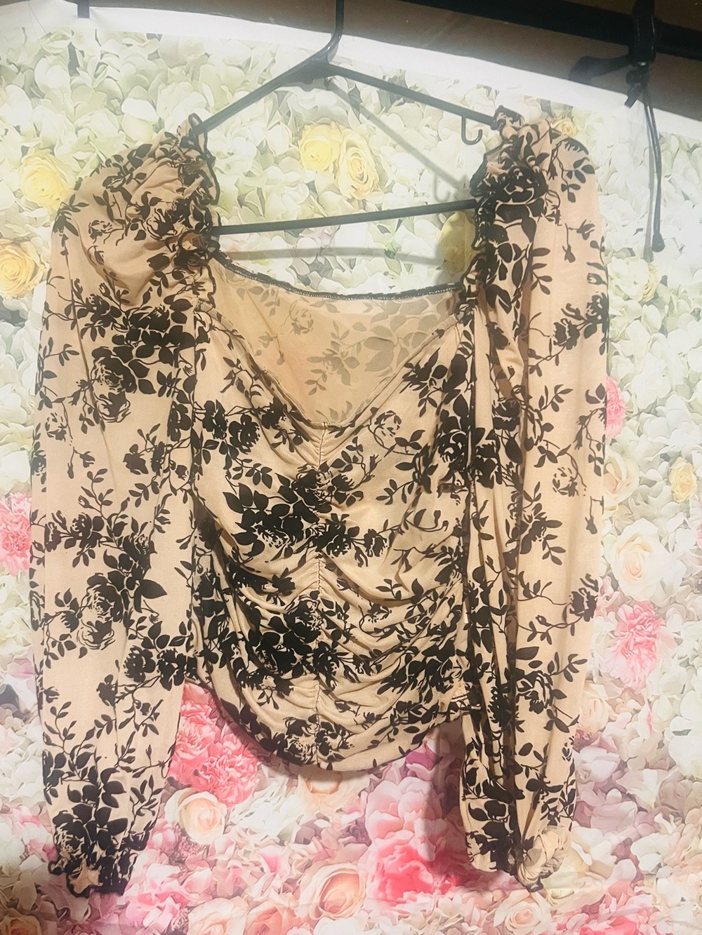 SHEIN Beige Blouse with Black Floral Print and Ruched Front